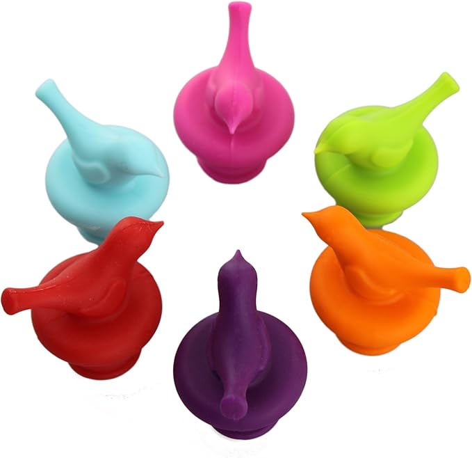 Little Bird Wine Bottle Stopper, Silicone Stoppers, Reusable, Leak Proof, Cute, Fun, Decorative, Multipack (Assorted Color, Set of 6)
