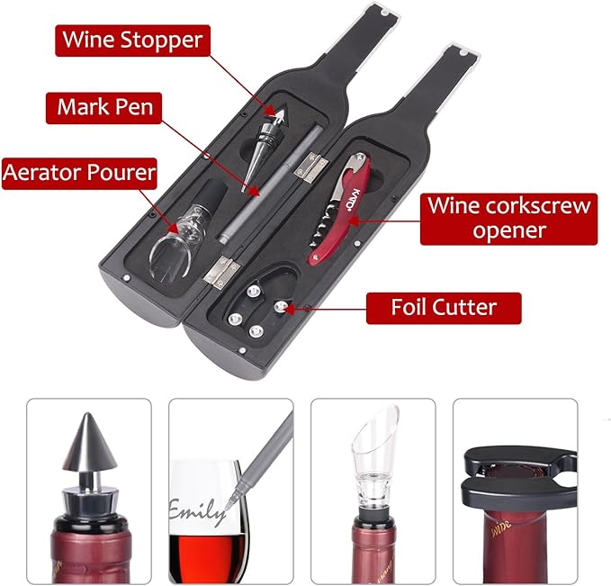 Wine Accessories Gift Set - 5 Pcs Deluxe Wine Corkscrew Opener Sets Bottle Shape in Elegant Gift Box