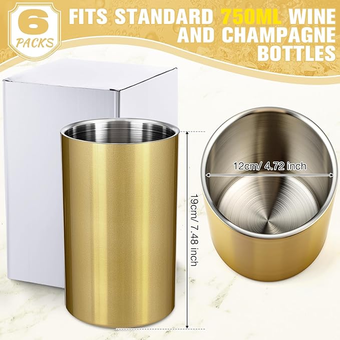 Potchen 6 Pack Wine Chiller Bucket Wine Bottles Cooler Bulk, Stainless Steel Double Wall Insulated Champagne Ice Bucket for Parties,Fits for 750 ml Bottles (Gold)