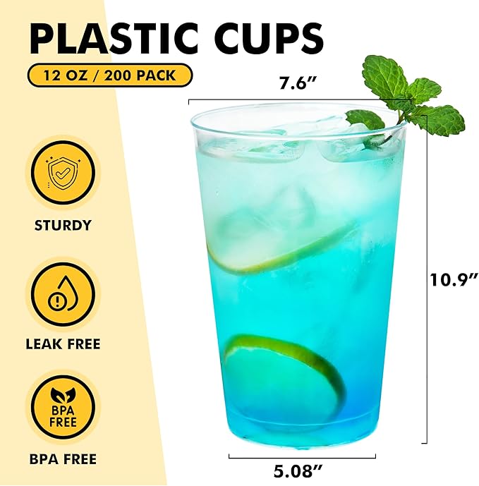 RACETOP 12oz Clear Plastic Cups, 100 Pack Disposable Party Cup, Heavy Duty Disposable Glasses, Disposable Cups for Party, Thanksgiving, Wine Taesting, Birthday and Christmas.