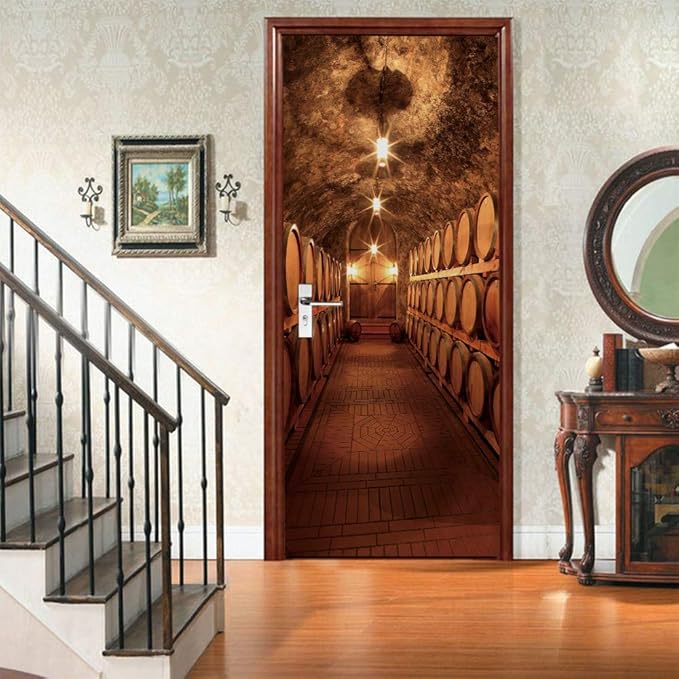 3D Door Stickers Murals - Peel & Stick Wine Cellar Theme Removable PVC Waterproof Poster, 31.5" x 78.7" for Bedroom Living Room