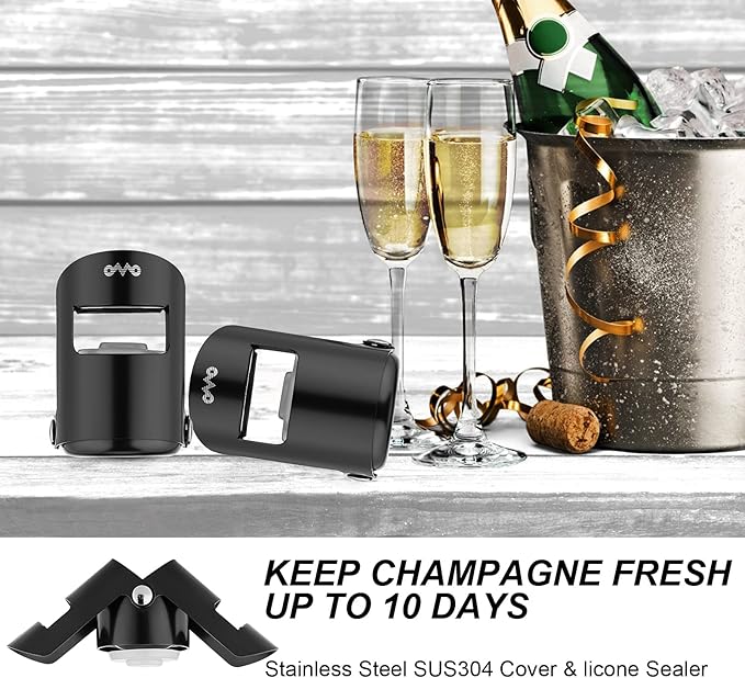 OWO Champagne Bottle Stoppers Stainless Steel, Reusable Champagne Cork & Saver Stopper, Leak Proof Prosecco & Sparkling Wine Plug, Bubble Retention Protection（Black, 2 Pack）