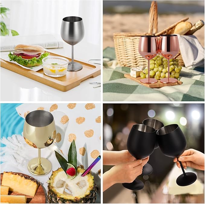 Lifecapido Stainless Steel Wine Glasses Set of 4, 18oz Stainless Steel Wine Goblets, Stemmed Metal Wine Glasses with Cup Brush for Party Office Wedding Anniversary, Great for Red White Wine (Gold)