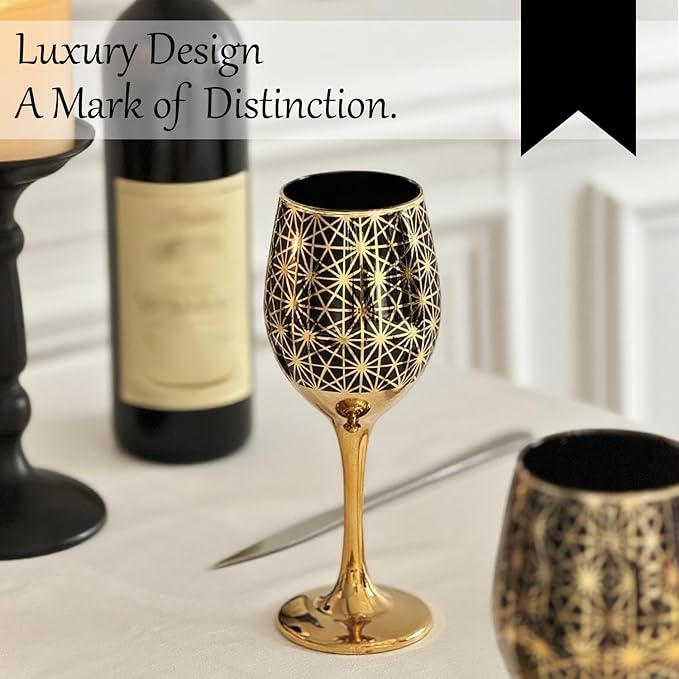 Gold Rim Wine Glasses - 12oz Black and Gold Long Stem Set for Fall, Thanksgiving, Christmas, Housewarming or Birthday Gift (Black, Set of 2)