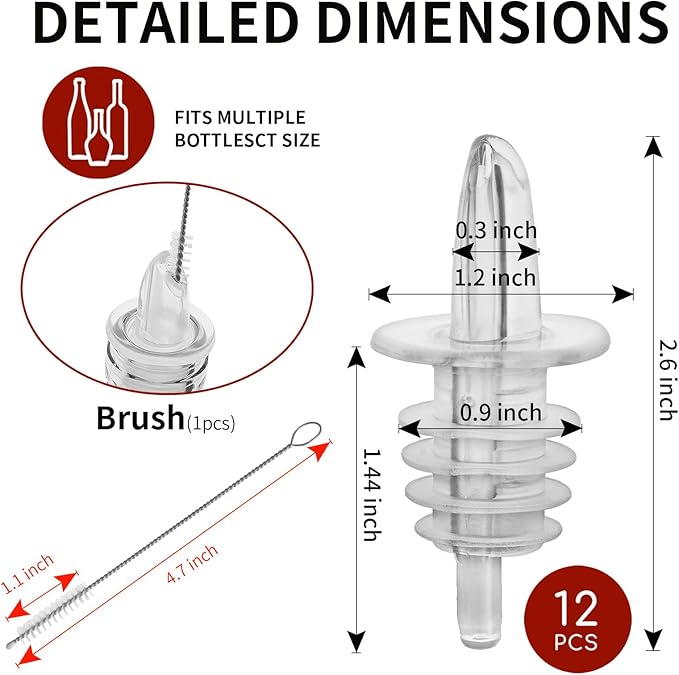Plastic Liquor Bottle Pourers Black- 12 Pack Classic Bottle Pourers for Alcohol, Leak-Proof, Dishwasher-Safe Pour Spouts for Liquor Bottles (Clear)