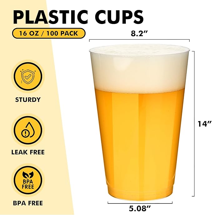 RACETOP 16oz Clear Plastic Cups, 100 Pack Disposable Party Cup, Heavy Duty Disposable Glasses, Disposable Cups for Party, Thanksgiving, Wine Taesting, Birthday and Christmas.