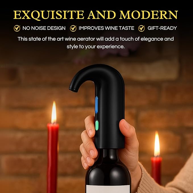 Electric Wine Aerator Dispenser Opener - Portable Accessory - Red & White Wines, Touch Activated Aeration For Wine and Spirit - Beginner and Enthusiast - Spout Pourer - Wine Gifts (BLACK)