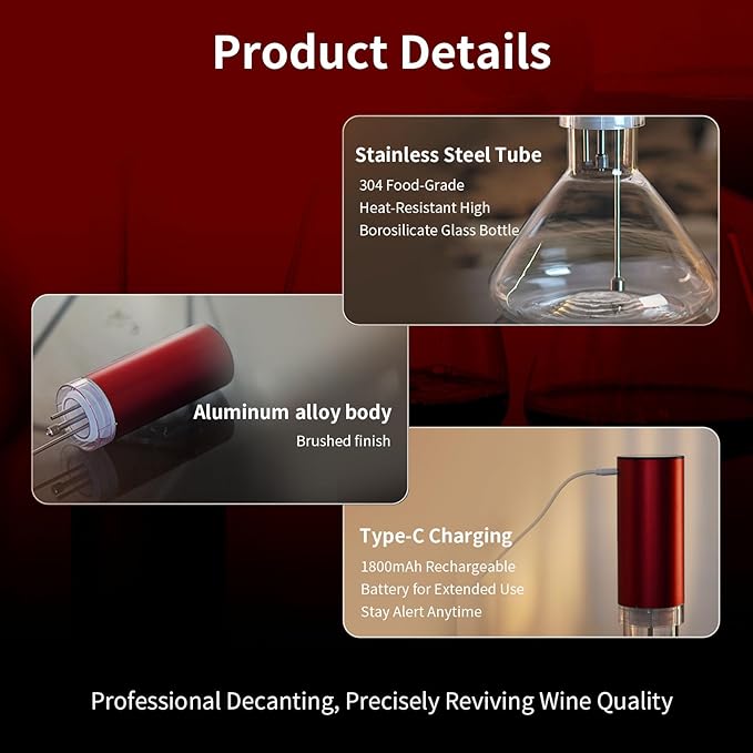 Fogland Electric Wine Decanter 1500ML(50oz), 3/5/10Min Fast Decant, Fine Mist Oxygen Infusion Wine Enhancer, Smart Touch Control, Frosted Aluminum Alloy（Red）