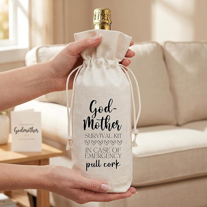 Funny Godmother Survival Kit Wine Bag, Linen Drawstring Wine Bottle Gift Bag, Reusable Wine Pouch for Godmother Proposal Baptism Birthday Mother's Day, 13 x 5.7 Inch - A02