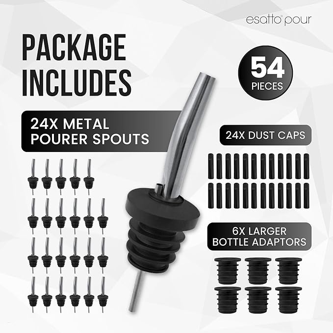 Stainless Steel Liquor Bar Bottle Pourers - Drip-Free Nozzle - Pour Spouts for Alcohol & Bartending - Universal Fit Speed Spout - Rust-Free & Easy Clean - Chrome (24 Pack)