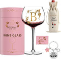 Wine Glasses Gifts for Women Alphabet A-Z, Cool Personalized Gold Monogrammed 'B' Red Wine Glass Set, Pink Gift Package with Goblet, Wine Bag, Key Chain, and Card for Woman