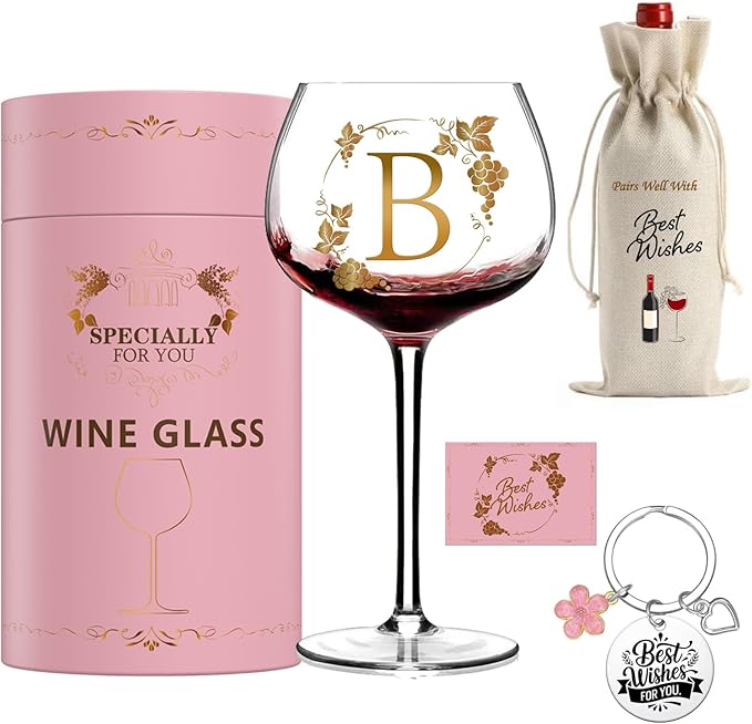 Wine Glasses Gifts for Women Alphabet A-Z, Cool Personalized Gold Monogrammed 'B' Red Wine Glass Set, Pink Gift Package with Goblet, Wine Bag, Key Chain, and Card for Woman
