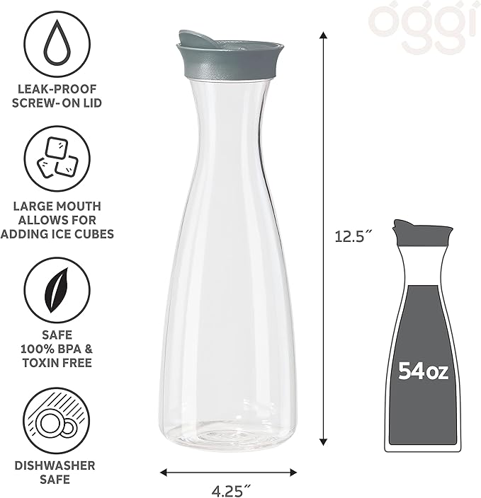 OGGI Clear Carafe w/Flip Open Lid - Ideal Juice Bottle, Clear Pitcher with Lid, Tea Pitcher, Water Carafe, 1.6 Lt(54Oz), Gray
