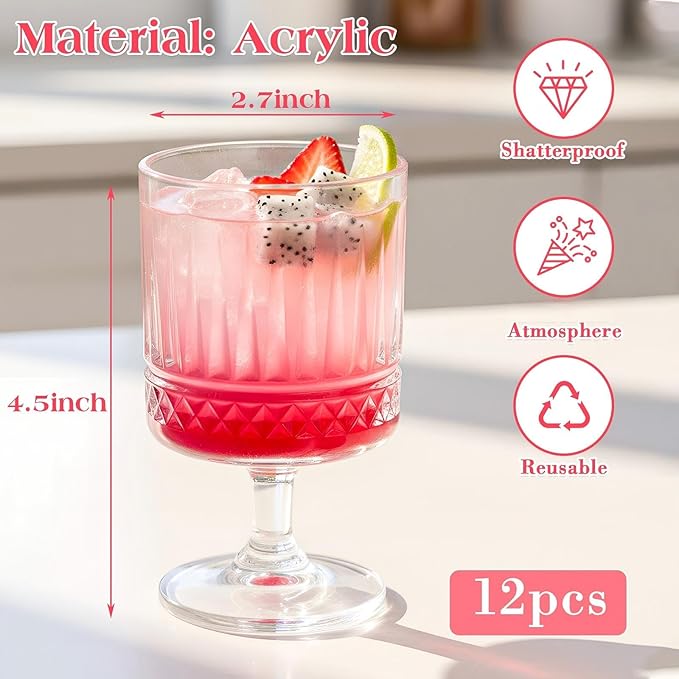 FillTouch 12 Pcs Mini Wine Glasses Bulk, 7.5 oz Small Acrylic Goblets Set, Unbreakable Clear Wine Cups Bulk Cocktail Glasses for Mother's Day Wedding Birthday Guest Graduation Party Supllies (Rhombus)