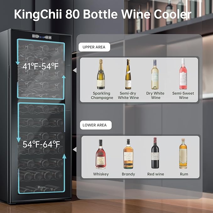 KingChii 80 Bottle Wine Cooler Refrigerator - Dual Zone Wine Fridge with Intelligent Digital Control, Low Noise Operation, Freestanding Wine Refrigerator for Home and Kitchen