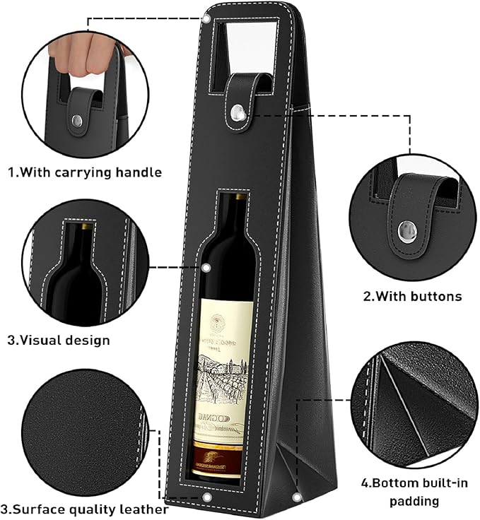 RYDDOY Wine Gift Bag, Reusable Leather Wine Tote Carrier, Single Bottle Champagne Beer Gift Bags Carrier for Birthday, Wedding, Picnic Party, Christmas festival Gifts (Black)