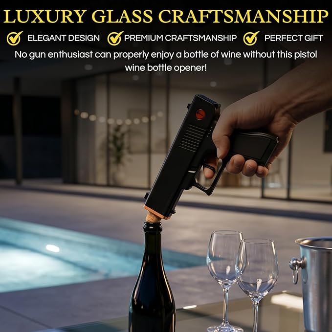 Electric Gun Wine Corkscrew Bottle Opener - Rechargeable Holster Base Cordless Battery - Automatically Open Wines Multifunctional Electronic Cork Puller - Guns Enthusiasts Gift & Vino Lovers (Black)