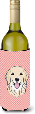 Caroline's Treasures BB1205LITERK Checkerboard Pink Golden Retriever Wine Bottle Hugger Bottle Cooler Sleeve Hugger Machine Washable Collapsible Insulator Beverage Insulated Holder
