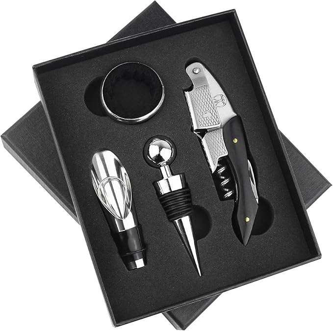 Wine Bottle Opener Set – Stainless Steel Corkscrew, Wine Stopper, Drip Ring, and Wine Pourer in a Stylish Gift Box – Perfect Wine Accessories for Enthusiasts & Gifts