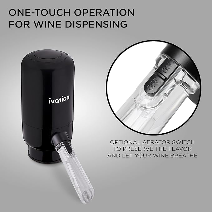 Ivation Wine Aerator & Dispenser with Flexible Tube | Electric Battery-Operated Universal Wine Bottle Spout with Automatic Button Dispenser, Aeration Control, Integrated LED Light & Removable Rod