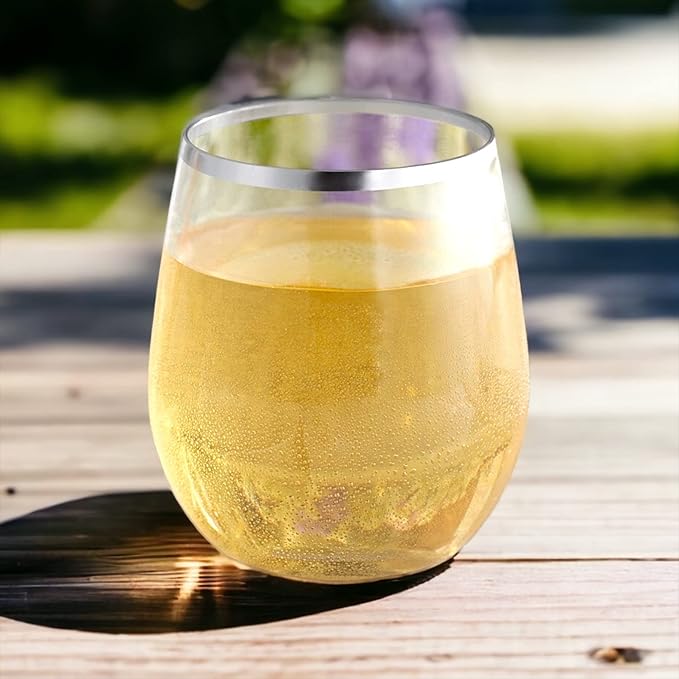 Oojami 48 Pack Plastic Wine Glasses Disposable 10 oz Silver Rim - Stemless Shatterproof Unbreakable BPA-Free Reusable Champagne Mimosa Cocktail Glasses Recyclable for Wedding Party Birthday Outdoor