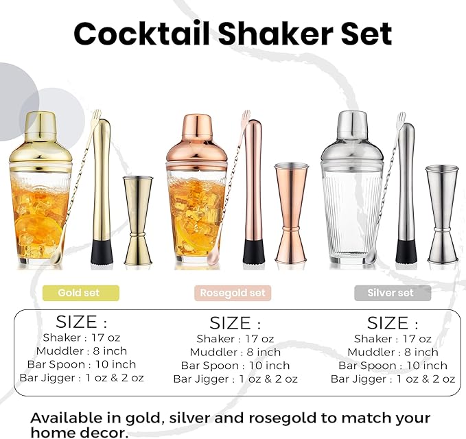 Silver Cocktail Shaker Set - Bartender Shaker Kit with Mixing Tools & Stainless Steel Strainer, Premium Bar Tool Set for Crafting Martinis & Whiskey Cocktails