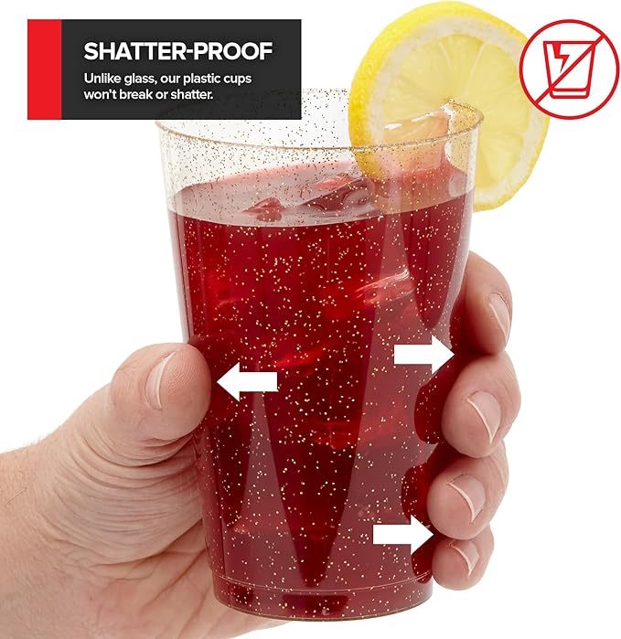 14oz Gold Glitter Plastic Cups (100 Pack), Elegant Party Cups for Birthday Parties, Weddings, and Holidays, Fancy Disposable Cocktail Glasses, Clear and Gold Cups, Bulk Wine and Mimosa Cups