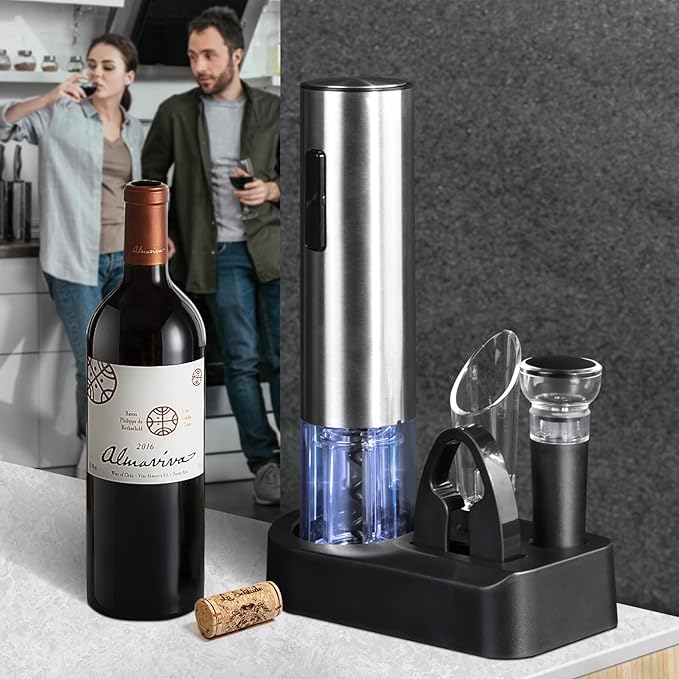 Electric Wine Opener Set, Rechargeable Cordless Automatic Wine Bottle Corkscrew Opener with Aerator, Pourer, Vacuum Sealer and Storage Base, Battery Operated Wine Stopper Remover
