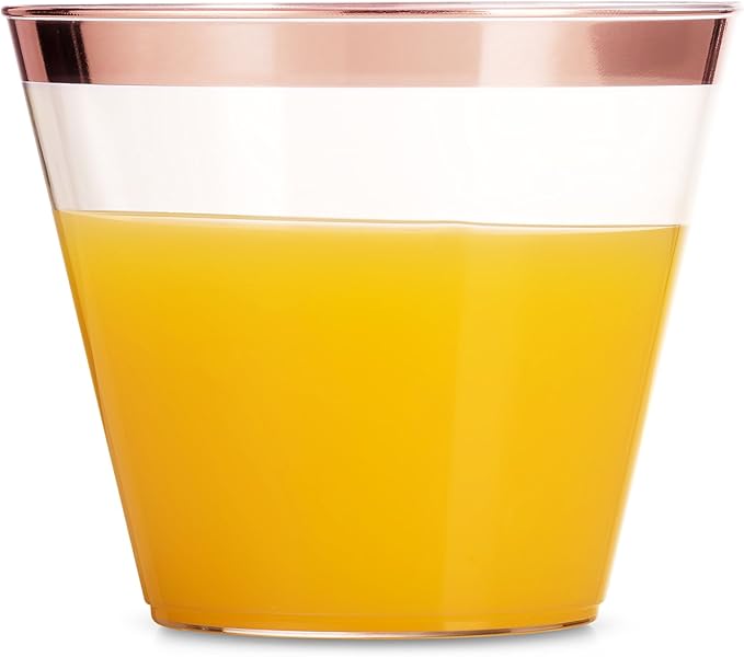 Munfix 100 9 Oz Clear Plastic Cups, Old Fashioned Tumblers, Fancy Disposable Wedding Cups, Elegant Party Cups with Rose Gold Rim