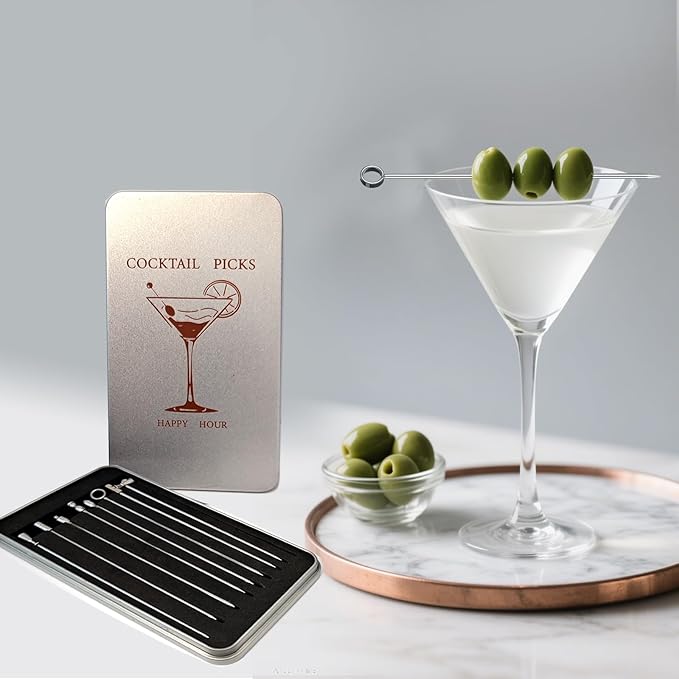 9 Pcs Metal Martini Cocktail Picks, 4.1Inches Olive Skewers Stainless Steel, Martini Garnish Sticks Reusable, Metal Toothpicks for Drinks, Appetizers, Bar Accessories Supplies for Bartenders -Sliver