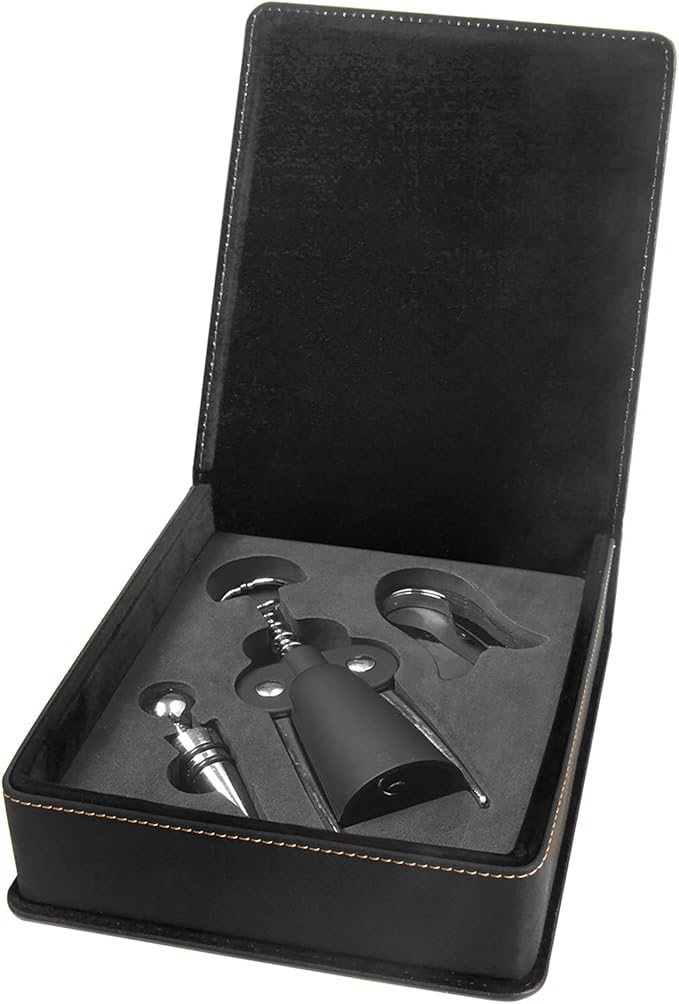 Personalized Leatherette 3 Piece Wine Tool Set (Black w/Gold)