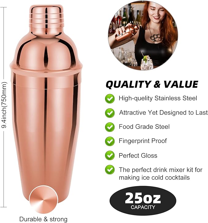 23 Piece Cocktail Shaker Set Bartender Kit with Acrylic Stand & Cocktail Recipes Booklet, Professional Bar Tools for Drink Mixing, Home, Bar, Party (Include 4 Whiskey Stones) - Gold Rose