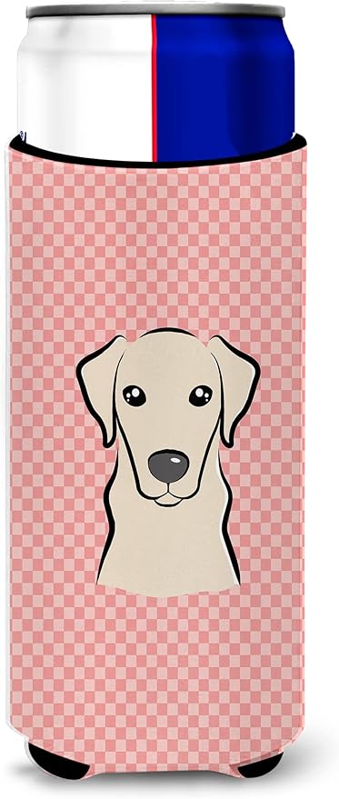 Checkerboard Pink Yellow Labrador Ultra Beverage Insulators for slim cans BB1222MUK
