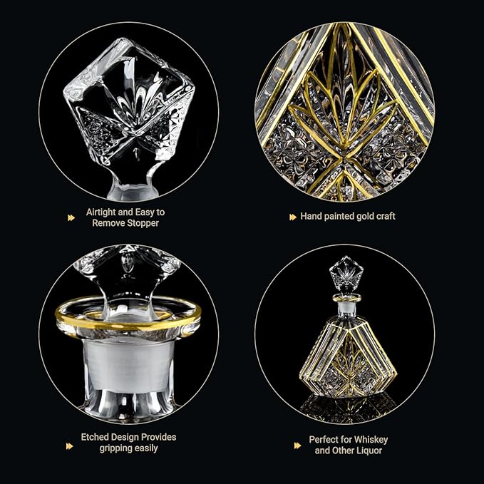 Hand-painted Gold Decanter Set for Men - Whiskey Decanter, Wine Aerator, and 2 Glasses, Liquor Bottles, Bourbon and Tequila Decanter,crystal decanter and 2 old fashioned glass