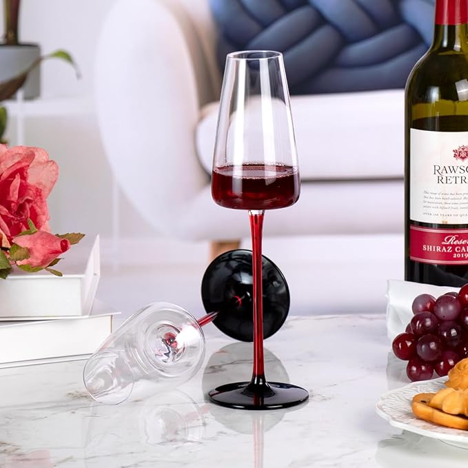 KAMMAK Wine Glasses Set of 2, 9.13 oz Hand Blown Crystal Bordeaux Wine Glasses, Thin Rim & Long Stem, Perfect for Red & White, Daily Use, Wedding or Birthday Gift with Gift Box, XH-H260 Black Base
