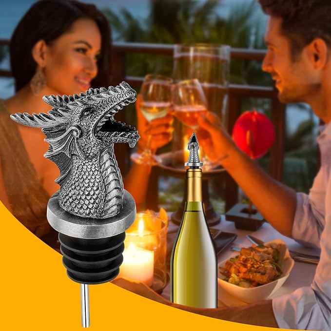 LKKCHER Dragon Head Liquor Pourers Spout for Alcohol Spirits, Dragon Gifts 2-In-1 Wine Bottle Pourer and Stopper for Men Women, Wine Accessories Gifts, Silver with Bag