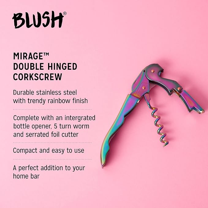 Blush Mirage Iridescent Double Hinged Corkscrew Wine Opener with Built-in Beer Bottle Opener, Stainless Steel Wine Key with Foil Cutter, Home Bar Gifts for Women, Bridesmaid Gifts, Kitchen and Travel