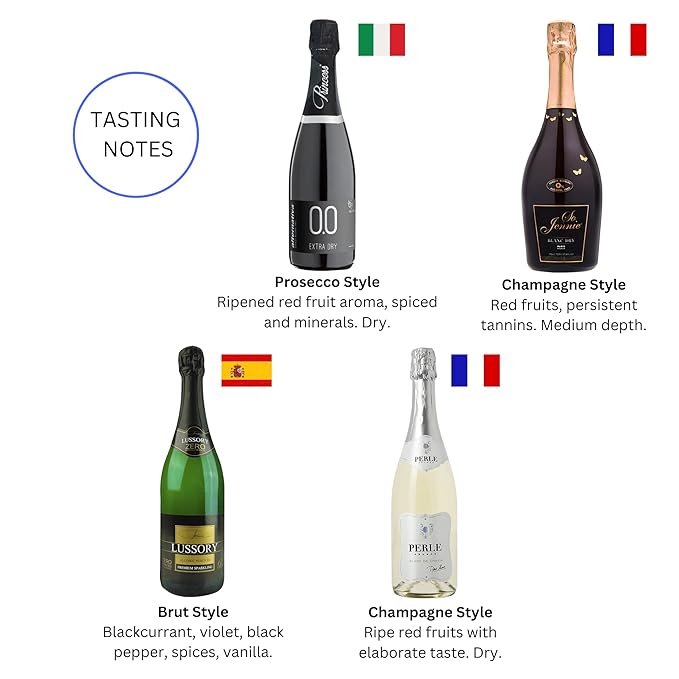 Non-Alcoholic Sparkling Wine Sampler – 4 Bottles (25.4 Fl Oz Each) – Lussory Brut, Princess Bollicine Bianco, Perle Blanc, So Jennie Paris (France, Italy, Spain)