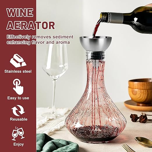 Wine Aerator Funnel with Sediment Strainer, Stainless Steel Wine Decanter with Filter, Wine Shower Funnel, Gift for Wine Lover (Silver)
