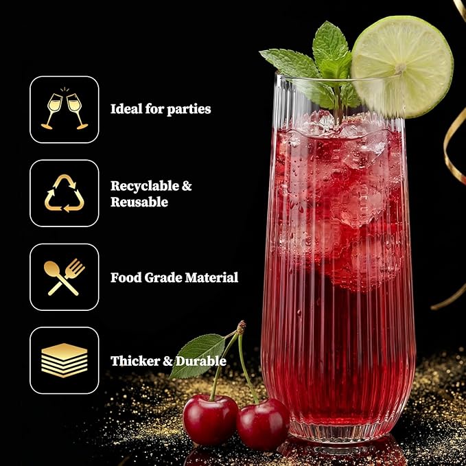 GuanQiao 12 Pack Stemless Plastic Champagne Flutes, 9oz Ribbed Disposable Champagne Glasses, Heavy Duty Shatterproof Mimosa Glasses for Wine Tasting, Wedding, Bridal Shower, Party Supplies, Birthday