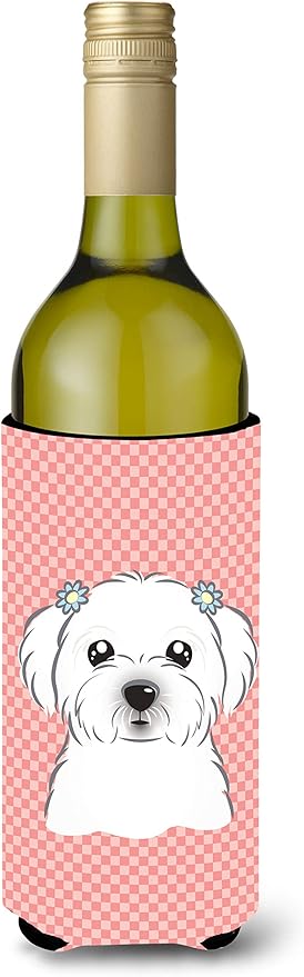 Caroline's Treasures BB1208LITERK Checkerboard Pink Maltese Wine Bottle Hugger Bottle Cooler Sleeve Hugger Machine Washable Collapsible Insulator Beverage Insulated Holder