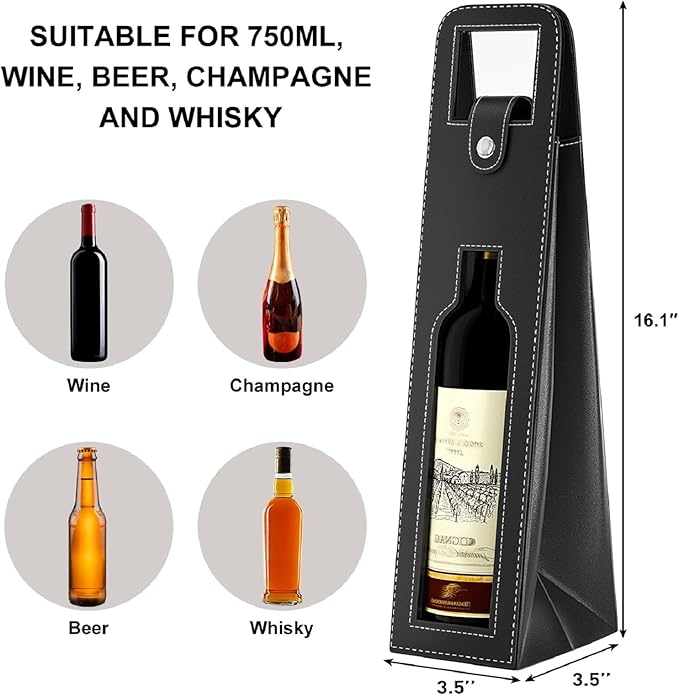 RYDDOY Wine Gift Bag, Reusable Leather Wine Tote Carrier, Single Bottle Champagne Beer Gift Bags Carrier for Birthday, Wedding, Picnic Party, Christmas festival Gifts (Black)