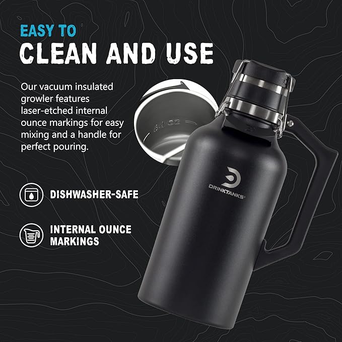 DrinkTanks Craft Growler – 64 oz Vacuum Insulated Stainless Steel Beer Growler with Handle, Leakproof Thermal Beverage Tumbler for Beer, Wine, Coffee, Soda, Kombucha – Reusable & BPA-Free – Obsidian