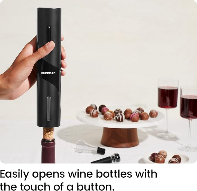 Chefman Electric Wine Opener Makes Opening Bottles Fast, Foolproof, And Fun! Black, Battery-Operated 4-Piece Corkscrew Set Comes With A Foil Cutter, Pourer, And Vacuum Stopper