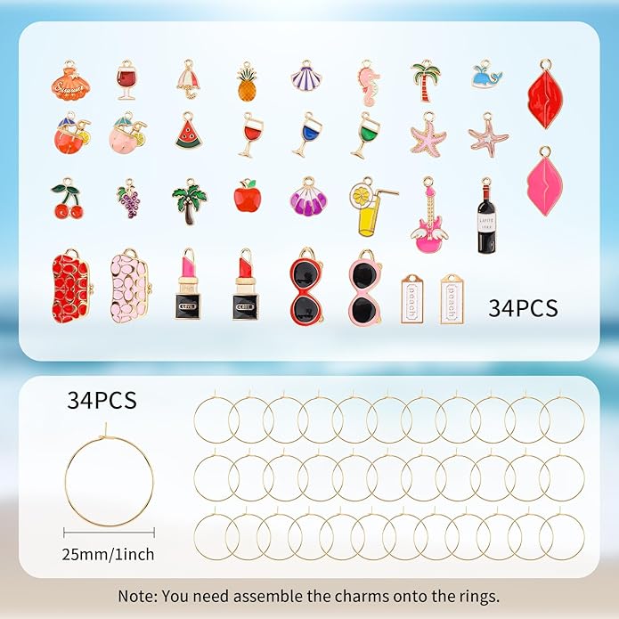 Oubaka 34 Sets Wine Glass Charms Wine Charms for Stem Glasses Wines Glass Markers Charm Identifier Drink Markers Wines Glasses Tags for Christmas Birthday Tasting Party Favors Decorations