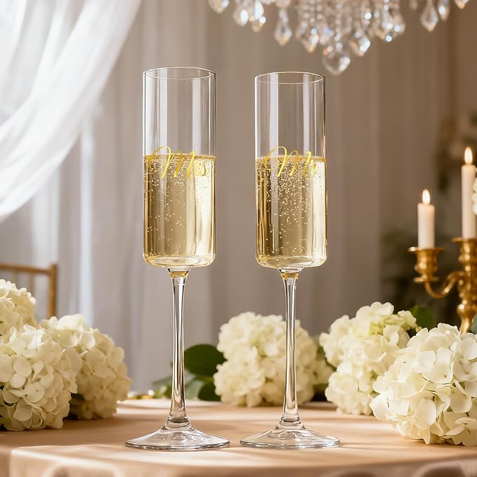 Mr and Mrs Champagne Flutes Set of 2, Crystal Bride and Groom Champagne Glasses, Engagement Bridal Shower and Registry Gifts for Couple Newlyweds, Wedding Anniversary Toasting Glasses with Wooden Box