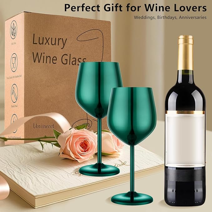 Stainless Steel Wine Glasses Set of 4 Unbreakable Green Wine Glass 18 oz Unique Metal Wine Goblets for Outdoor, Travel, Camping, Pool, Ideal Gift for Wine Lovers