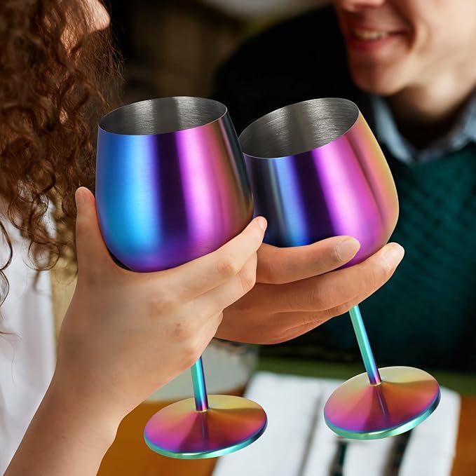 Lifecapido Stainless Steel Wine Glasses Set of 8, 18oz Colorful Stainless Steel Wine Goblets, Stemmed Metal Wine Glasses with Cup Brush for Party Office Wedding Anniversary, Great for Red White Wine