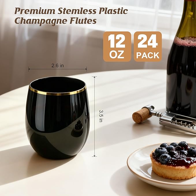 GuanQiao 24 Pack Plastic Wine Glasses with Gold Rim, 12oz Black Stemless Disposable Wine Cups, Shatterproof & BPA-Free Reusable Drinkware for Wedding, Party, New Year and Bridal Shower