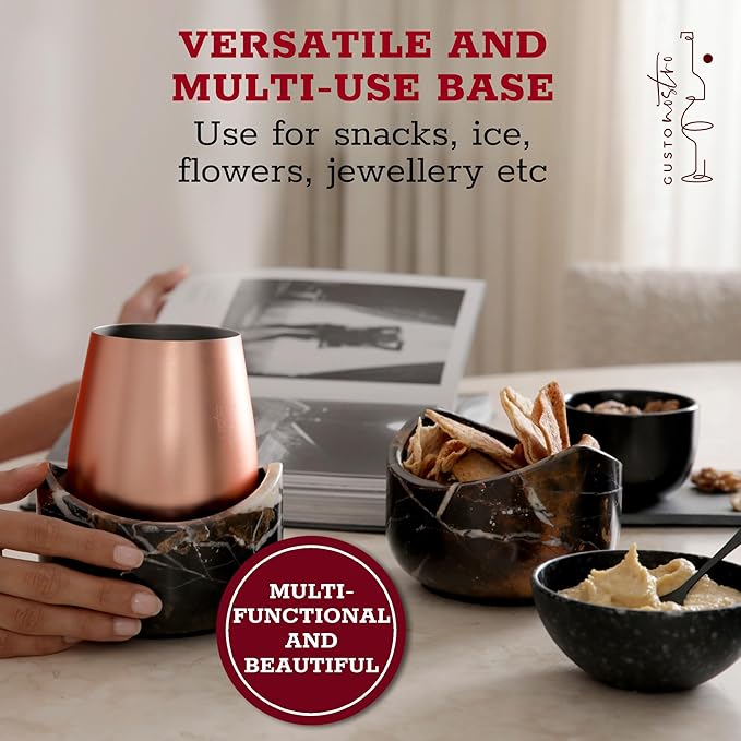 Gusto Nostro Marble Wine Chiller for Glass and Stainless Steel Tumbler Set of 2 - Wine Glass Chiller Holder for Freezer - Cool Set Chillers & Stemless Wine Metal Tumblers for Home,Bar (RoseGold Black)